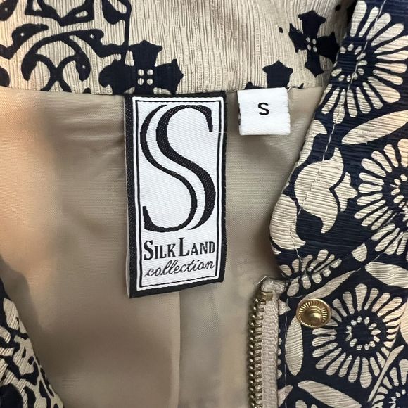 Silk Land  Blazer Jacket Floral Geometric Blue Beige‎ Zip Women's Small Vintage - Picture 2 of 6